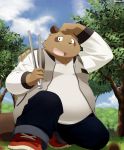  2015 absurd_res anthro belly brown_fur canid canine clothing fur hi_res humanoid_hands male mammal outside overweight overweight_male pants raccoon_dog shirt solo tanuki zuppu11 