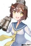  1girl binoculars blue_sailor_collar brown_eyes brown_hair commentary_request cowboy_shot dress headgear headset kantai_collection kinubari_nerune looking_at_viewer neckerchief open_mouth round_teeth sailor_collar sailor_dress short_hair simple_background smile solo speaking_tube_headset teeth twitter_username upper_teeth white_background yellow_neckwear yukikaze_(kantai_collection) 