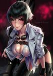  1girl areolae black_gloves black_hair breasts chaps cian_yo cleavage commentary devil_may_cry devil_may_cry_5 erect_nipples fingerless_gloves gloves goggles goggles_around_neck green_eyes heterochromia jacket kalina_ann_(weapon) lady_(devil_may_cry) leaning_forward looking_at_viewer over_shoulder parted_lips red_eyes rocket_launcher scar see-through short_hair short_shorts shorts smile solo strap sweat weapon weapon_over_shoulder wet wet_clothes white_jacket 