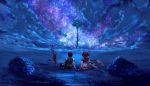  1boy 1girl absurdres ass black_hair brown_gloves cloud crop_top from_behind gloves hand_on_hand highres homura_(xenoblade_2) midriff night nintendo outdoors poteto_(potetosarada123) red_hair rex_(xenoblade_2) scenery short_hair sky star_(sky) starry_sky sword weapon xenoblade_(series) xenoblade_2 