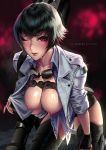  1girl areolae black_gloves black_hair breasts breasts_outside chaps cian_yo cleavage commentary devil_may_cry devil_may_cry_5 fingerless_gloves gloves goggles goggles_around_neck green_eyes hanging_breasts heterochromia jacket kalina_ann_(weapon) lady_(devil_may_cry) leaning_forward looking_at_viewer nipples over_shoulder parted_lips red_eyes rocket_launcher scar short_hair short_shorts shorts smile solo strap sweat weapon weapon_over_shoulder white_jacket 