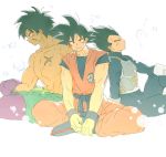  3boys armor back-to-back black_eyes black_hair boots broly_(dragon_ball_super) bubble commentary_request dark_skin dougi dragon_ball dragon_ball_super_broly dragonball_z fingernails frown full_body gloves hand_on_own_knee legs_crossed looking_at_viewer looking_away male_focus multiple_boys pi_ne_t profile purple_legwear scar serious shirtless short_hair simple_background sitting smile son_gokuu spiked_hair vegeta white_background white_gloves wristband 