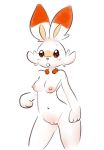  2019 anthro anthrofied blush breasts elpatrixf female fur lagomorph mammal navel nintendo nipples nude pok&eacute;mon pok&eacute;mon_(species) pok&eacute;morph pussy scorbunny simple_background solo standing teeth video_games white_fur 