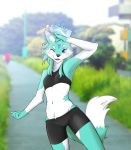  2019 absurd_res anthro black_nose blue_eyes blush bottle breasts canid canine canis clothed clothing female fur grass green_fur hi_res mammal navel one_eye_closed open_mouth outside photo_background sky small_breasts solo tree water white_fur wolf xan_(pixiv) 