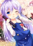  1girl ;d bangs blue_skirt blue_vest blurry blurry_background blush chinomaron commentary_request crying crying_with_eyes_open depth_of_field dutch_angle eyebrows_visible_through_hair flower gochuumon_wa_usagi_desu_ka? graduation hair_between_eyes hair_ornament hands_up highres holding kafuu_chino kafuu_chino&#039;s_school_uniform long_hair long_sleeves one_eye_closed open_mouth petals purple_hair red_flower red_rose rose school_uniform shirt skirt smile solo tears translation_request tube very_long_hair vest white_shirt x_hair_ornament 