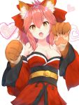  1girl @_@ animal_ear_fluff animal_ears bare_shoulders breasts cat_paws cleavage collarbone eyebrows_visible_through_hair fangs fate/grand_order fate_(series) fox_ears fox_girl fox_tail gloves hair_ribbon heart highres large_breasts paw_gloves paws pink_hair ponytail red_ribbon reuri_(tjux4555) ribbon simple_background solo tail tamamo_(fate)_(all) tamamo_cat_(fate) white_background yellow_eyes 