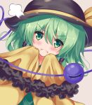  1girl :i =3 arms_up black_headwear blouse blush dutch_angle eyebrows_visible_through_hair eyes_visible_through_hair frilled_shirt_collar frilled_sleeves frills furrowed_eyebrows green_eyes green_hair grey_background hair_between_eyes hat hat_ribbon komeiji_koishi looking_at_viewer pout ribbon short_hair simple_background sleeves_past_fingers sleeves_past_wrists solo third_eye touhou unory yellow_blouse 