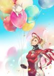  1girl balloon black_gloves blonde_hair blue_eyes bodysuit breasts chibi commentary_request eidgenossin_mercy genji_(overwatch) gloves hage2013 hand_on_hip high_ponytail holding holding_balloon looking_at_another mechanical_halo mechanical_wings medium_breasts mercy_(overwatch) nose overwatch petals ponytail red_bodysuit smile wings 