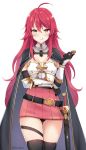  1girl :q ahoge belt cape coin epic7 highres holding_coin kaetzchen long_hair looking_at_viewer red_hair sword thigh_strap thighhighs tongue tongue_out weapon yellow_eyes 