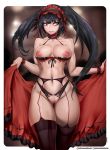  1girl bangs bare_shoulders black_hair black_legwear black_panties breasts censored cleavage collarbone crotchless_panties date_a_live eyebrows_visible_through_hair garter_belt headdress heterochromia highres lingerie long_hair medium_breasts navel nephlite nipples panties pussy red_eyes solo standing thigh_gap thighhighs tokisaki_kurumi twintails underwear underwear_only yellow_eyes 