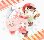  :d adeleine black_skirt brown_footwear crystal dress green_shirt hair_ribbon heart kirby kirby_(series) nintendo open_mouth paint pastel_colors pink_dress polka_dot red_headwear ribbon ribbon_(kirby) shirt skirt smile striped user_vhuz3778 