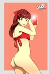  1girl ass bottomless bow bra cellphone eyelashes highres lipstick makeup no_panties parted_lips persona persona_5 persona_5_the_royal phone ponytail red_bow red_bra red_hair self_shot smartphone solo underwear 