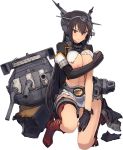  10s 1girl black_hair boots breasts covering covering_breasts damaged fingerless_gloves gloves hair_between_eyes hand_on_leg headgear kantai_collection kikumon large_breasts long_hair looking_at_viewer nagato_(kantai_collection) nipple_slip nipples nude_filter one_knee pleated_skirt red_eyes red_footwear remodel_(kantai_collection) rigging rudder_shoes shizuma_yoshinori skirt solo striped striped_skirt thigh_boots thighhighs third-party_edit torn_clothes transparent_background turret underboob white_skirt 