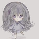  1girl :d bangs barefoot blush bow chibi collared_shirt cottontailtokki eyebrows_visible_through_hair flower full_body grey_background grey_hair grey_shirt grey_skirt hair_between_eyes hair_flower hair_ornament highres long_hair looking_at_viewer open_mouth original pleated_skirt purple_bow purple_eyes shirt skirt smile solo standing standing_on_one_leg upper_teeth very_long_hair white_flower 