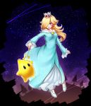  1girl absurdres bare_shoulders blonde_hair blush breasts chiko_(mario) crown dress earrings eyebrows_visible_through_hair full_body hair_over_one_eye highres jewelry long_hair mario_(series) nintendo open_mouth rosalina smile star super_mario_bros. super_mario_galaxy super_smash_bros. tree wand 