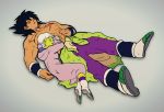  1boy 1girl abs boots broly_(dragon_ball_super) cheelai dragon_ball dragon_ball_super dragon_ball_super_broly eyes_closed green_skin grey_background lying on_back open_mouth pectorals pelt scar shirtless short_hair simple_background sleeping sleeping_on_person spiked_hair tofu_(tttto_f) white_hair wristband 