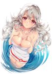  1girl breasts cleavage closed_mouth female_my_unit_(fire_emblem_if) fire_emblem fire_emblem_if long_hair medium_breasts my_unit_(fire_emblem_if) naked_towel nintendo pointy_ears red_eyes solo towel vekneim wading water watermark web_address white_hair 
