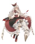  1girl anotherxalice blade blood bloody_weapon bow cartolaio dress full_body gloves hair_bow holding holding_weapon long_hair looking_at_viewer mechanical_legs official_art red_bow red_dress red_footwear signature silver_eyes solo standing thighlet very_long_hair weapon white_background white_gloves white_hair 
