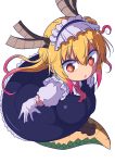  1girl \||/ absurdres bangs breasts brown_horns colored_eyelashes cool-kyou_shinja dragon_girl dragon_horns dragon_tail eyebrows_visible_through_hair full_body gloves gradient_hair green_scales hair_between_eyes highres horns kobayashi-san_chi_no_maidragon large_tail leaning_forward legs_together long_hair looking_at_viewer maid_headdress multicolored multicolored_eyes multicolored_hair orange_eyes orange_hair parted_hair pink_hair raised_eyebrows red_eyes red_neckwear scales simple_background sketch_eyebrows slit_pupils solo tail tooru_(maidragon) twintails white_background white_gloves wide-eyed 