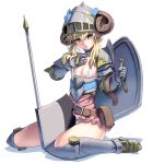  1girl armor axe bangs belt blonde_hair breasts closed_mouth dress gauntlets gorget greaves hair_between_eyes helmet highres holding_shield horned_helmet long_hair looking_at_viewer masao micro_bikini_top original panties pink_dress shield sitting small_breasts solo underwear wariza white_bikini_top white_panties yellow_eyes 