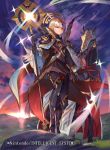  1girl armor black_armor black_gloves closed_mouth cloud company_name copyright_name crown fire_emblem fire_emblem_cipher fire_emblem_heroes full_body gloves grey_hair hair_ornament holding holding_staff horse kureta_(nikogori) long_hair long_sleeves nintendo official_art outdoors red_eyes sky solo staff standing veronica_(fire_emblem) wide_sleeves 