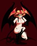  1girl absurdres ass blonde_hair breasts danmakuman demon_girl demon_tail demon_wings devilman devilman_lady fangs green_eyes head_wings highres leaning_forward medium_breasts multicolored_hair my_little_pony nipples nude open_mouth parody red_background red_hair streaked_hair sunset_shimmer tail two-tone_hair wings 