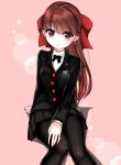  1girl black_jacket black_legwear blazer bow closed_mouth commentary_request hair_bow highres jacket long_hair pantyhose persona persona_5 persona_5_the_royal personangelion plaid plaid_skirt ponytail red_bow red_eyes red_hair shuujin_academy_uniform skirt 