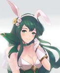  1girl animal_ears breasts bunny_ears choker cleavage closed_mouth fake_animal_ears fire_emblem fire_emblem:_monshou_no_nazo fire_emblem_heroes flower frilled_choker frills gloves green_eyes green_hair hair_flower hair_ornament leonmandala long_hair medium_breasts nintendo paola see-through_sleeves simple_background smile solo upper_body white_gloves 