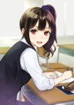  1girl ashiya_hiro blue_skirt blurry blurry_background brown_hair chair classroom commentary_request depth_of_field desk hair_ornament hair_scrunchie highres holding holding_pencil indoors long_hair long_sleeves looking_at_viewer looking_to_the_side one_side_up open_mouth original pencil pencil_case purple_scrunchie red_eyes school_chair school_desk school_uniform scrunchie shirt sitting skirt solo sweater_vest white_shirt 