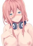  1girl absurdres bare_shoulders blue_eyes blush breasts brown_hair closed_mouth go-toubun_no_hanayome hair_between_eyes hand_on_own_chest headphones headphones_around_neck highres large_breasts nakano_miku nez-3 nipples topless wavy_mouth 