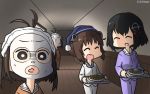  3girls adapted_costume alternate_costume black_hair brown_eyes brown_hair commentary_request dated eyes_closed facial_mask feet_out_of_frame haguro_(kantai_collection) hairband hallway hamu_koutarou hat highres kantai_collection multiple_girls naka_(kantai_collection) open_mouth pajamas plate round_teeth short_hair smile teeth tray upper_teeth yukikaze_(kantai_collection) zoom_layer 