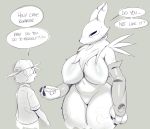  absurd_res anthro big_breasts breasts curvaceous dialogue digimon digimon_(species) duo english_text featureless_crotch female hi_res human male mammal monochrome nipples renamon sqoon text thick_thighs video_games 
