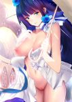  1girl absurdres aruuin blue_eyes blue_flower blue_hair blue_rose breasts choker cleavage flower gloves hair_flower hair_ornament highres honkai_(series) honkai_impact_3 large_breasts long_hair looking_at_viewer navel nipples nude parasol parted_lips pussy raiden_mei rose smile solo torn_clothes umbrella undressing very_long_hair white_gloves 