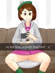  1girl beret brown_eyes brown_hair couch creatures_(company) eyebrows female_protagonist_(pokemon_swsh) game_freak hat highres matching_hair/eyes maximumpingas nintendo no_panties phone pokemon pokemon_(game) pokemon_swsh pubic_hair pussy shirt short_hair sitting skirt smile solo sweater 