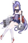  1girl :t artist_request azur_lane bangs bare_shoulders black_skirt blush breasts brown_eyes cannon closed_mouth dewey_(azur_lane) elbow_gloves eyebrows_visible_through_hair garrison_cap gloves hair_between_eyes hat head_tilt long_hair machinery official_art pleated_skirt purple_hair rigging rudder_footwear skirt small_breasts thighhighs torpedo torpedo_tubes transparent_background turret underbust very_long_hair white_footwear white_gloves white_headwear white_legwear 