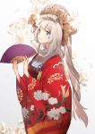  1girl blonde_hair blue_eyes cherry_blossoms fan fate/grand_order fate_(series) floral_print folding_fan furisode highres holding holding_fan japanese_clothes kimono long_hair looking_at_viewer marie_antoinette_(fate/grand_order) no-kan obi obijime print_kimono red_kimono sash simple_background smile solo very_long_hair wide_sleeves 
