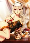  1girl arm_support bare_legs black_hairband black_leotard bracelet breasts cake cherry cleavage esther eyebrows_visible_through_hair female_my_unit_(fire_emblem_if) fire_emblem fire_emblem_heroes fire_emblem_if food fruit hair_between_eyes hairband jewelry leg_garter leotard long_hair looking_at_viewer lying my_unit_(fire_emblem_if) necklace nintendo on_side orange_scrunchie parted_lips pointy_ears red_eyes scrunchie solo strapless strapless_leotard wavy_hair white_hair wrist_scrunchie 