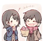  +++ 2girls :d ^_^ akb48 backpack bag beige_background black_hair blue_jacket blush_stickers brown_jacket chibi closed_eyes commentary_request eyes_closed food hair_ornament hairclip holding holding_bag hood hood_down hooded_jacket jacket long_sleeves mole mole_under_mouth multiple_girls murayama_yuiri okada_nana open_mouth outline paper_bag real_life red_scarf scarf short_hair smile sweet_potato taneda_yuuta upper_body white_outline yakiimo 