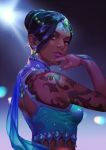  1girl aqua_nails backlighting black_hair brown_eyes commentary_request dark_skin earrings eyeshadow figure_skater_symmetra finger_to_chin forehead_jewel hage2013 hair_bun jewelry lips lipstick looking_at_viewer looking_back makeup nail_polish nose overwatch purple_lips simple_background solo spotlight symmetra_(overwatch) upper_body 