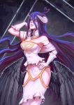  albedo black_feathers black_wings breasts cleavage dress elbow_gloves gloves gold_trim hand_on_hip horns moni158 overlord_(maruyama) pose purple_hair white_dress wings yellow_eyes 
