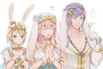  1boy 2girls alternate_costume animal_ears blonde_hair blue_eyes blue_hair breast_envy brother_and_sister bunny_ears closed_mouth crown earrings est_tm eyes_closed fake_animal_ears fire_emblem fire_emblem_heroes fjorm_(fire_emblem_heroes) gloves gradient_hair gunnthra_(fire_emblem) hair_ornament hrid_(fire_emblem_heroes) jewelry long_hair long_sleeves multicolored_hair multiple_girls nintendo open_mouth own_hands_together parted_lips pink_hair short_hair siblings silver_hair simple_background sisters spiked_hair upper_body veil white_background white_gloves 