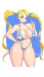  1girl bare_arms bare_shoulders bikini blonde_hair blue_background blue_bikini blue_eyes blush breasts cleavage collarbone cowboy_shot curvy frilled_bikini frills hand_on_hip harry_(dudwofla) highres huge_breasts long_hair looking_at_viewer navel open_mouth rainbow_mika solo stomach street_fighter swimsuit thick_thighs thighs twintails white_background wide_hips 