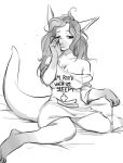  black_and_white chest_tuft clothed clothing female glacierclear hair half-closed_eyes hi_res long_hair macropod mammal marsupial monochrome oversized_shirt partially_clothed rubbing_eyes ruby_(comfycreations) shirt solo t-shirt text thick_tail tired tuft 