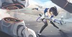  1girl aircraft airplane black_eyes black_gloves black_legwear breasts collarbone day eyebrows_visible_through_hair facing_viewer fighter_jet fighting fighting_stance gloves hair_ornament highres holding holding_sword holding_weapon honkai_(series) honkai_impact_3 jacket jet katana kikivi large_breasts leaning_forward long_hair looking_back military military_vehicle open_clothes open_jacket outdoors ponytail raiden_mei raiden_mei_(striker_fulminata) robot solo sword thighhighs weapon 