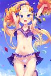  1girl :d abigail_williams_(fate/grand_order) armpits arms_up bangs blonde_hair blue_eyes blue_skirt blue_sky blush cheerleader cloud crop_top crossed_bandaids day eyebrows_visible_through_hair fang fate/grand_order fate_(series) gluteal_fold groin high_ponytail holding long_hair looking_at_viewer navel open_mouth outdoors panties parted_bangs pleated_skirt pom_poms ponytail purple_footwear shoes side-tie_panties skirt skirt_lift sky smile solo suction_cups sweat tentacle toraishi_666 underwear very_long_hair white_panties 