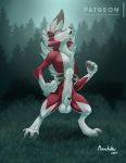  2019 animal_genitalia anthro balls black_penis canid canine claws detailed_background front_view fur hi_res lycanroc male mammal midnight_lycanroc nintendo nude open_mouth penis penis_tip pok&eacute;mon pok&eacute;mon_(species) red_eyes red_fur richard_foley sheath solo standing teeth video_games white_balls white_fur white_sheath 