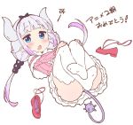  1girl ass beads blue_eyes blush convenient_leg dragon_horns dress feet footwear_removed hair_beads hair_ornament horns jigatei_(omijin) kanna_kamui knees_up kobayashi-san_chi_no_maidragon legs legs_crossed long_hair lying on_back open_mouth panties panty_peek pink_dress pink_hair ribbon short_dress soles solo tail thighhighs twintails underwear white_legwear white_panties 