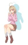  1girl ahoge akamatsu_kaede black_footwear blonde_hair boots braid breasts brown_skirt commentary_request cup danganronpa eyebrows_visible_through_hair highres holding holding_cup large_breasts long_hair looking_at_viewer new_danganronpa_v3 original piatin pink_eyes pink_ribbon pink_sweater pleated_skirt ribbon saihara_shuuichi shadow simple_background skirt socks suterii sweater white_background 