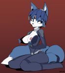  2019 absurd_res anthro black_nose blue_fur blue_hair bodysuit breasts canid canine clothed clothing dipstick_tail exposed_breasts female fox fur green_eyes hair hair_ornament hi_res krystal mammal multicolored_tail nintendo nipples oughta short_hair signature simple_background skinsuit smile solo star_fox tight_clothing video_games white_fur 