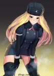  1girl bending_forward black_legwear blonde_hair blue_eyes blush breasts coat cold frost fur_hat fur_trim gloves gluteal_fold hands_on_own_knees hat highres kagematsuri kolin long_hair long_sleeves looking_at_viewer simple_background smile solo street_fighter street_fighter_v thigh_gap thighhighs thighs winter_clothes winter_coat 